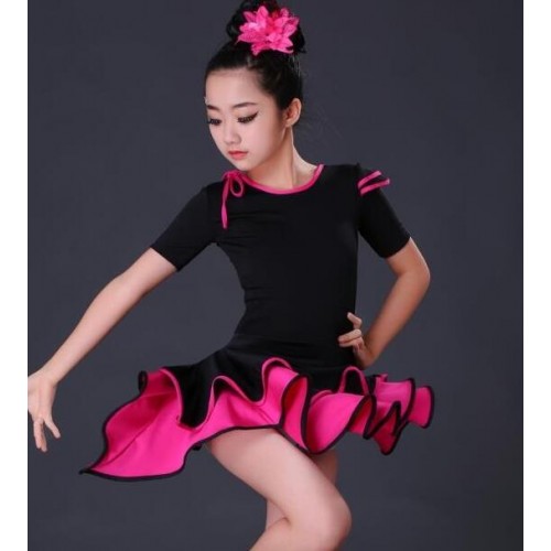 Black fuchsia girls latin dresses kids children stage performance competition rumba salsa dancing outfits